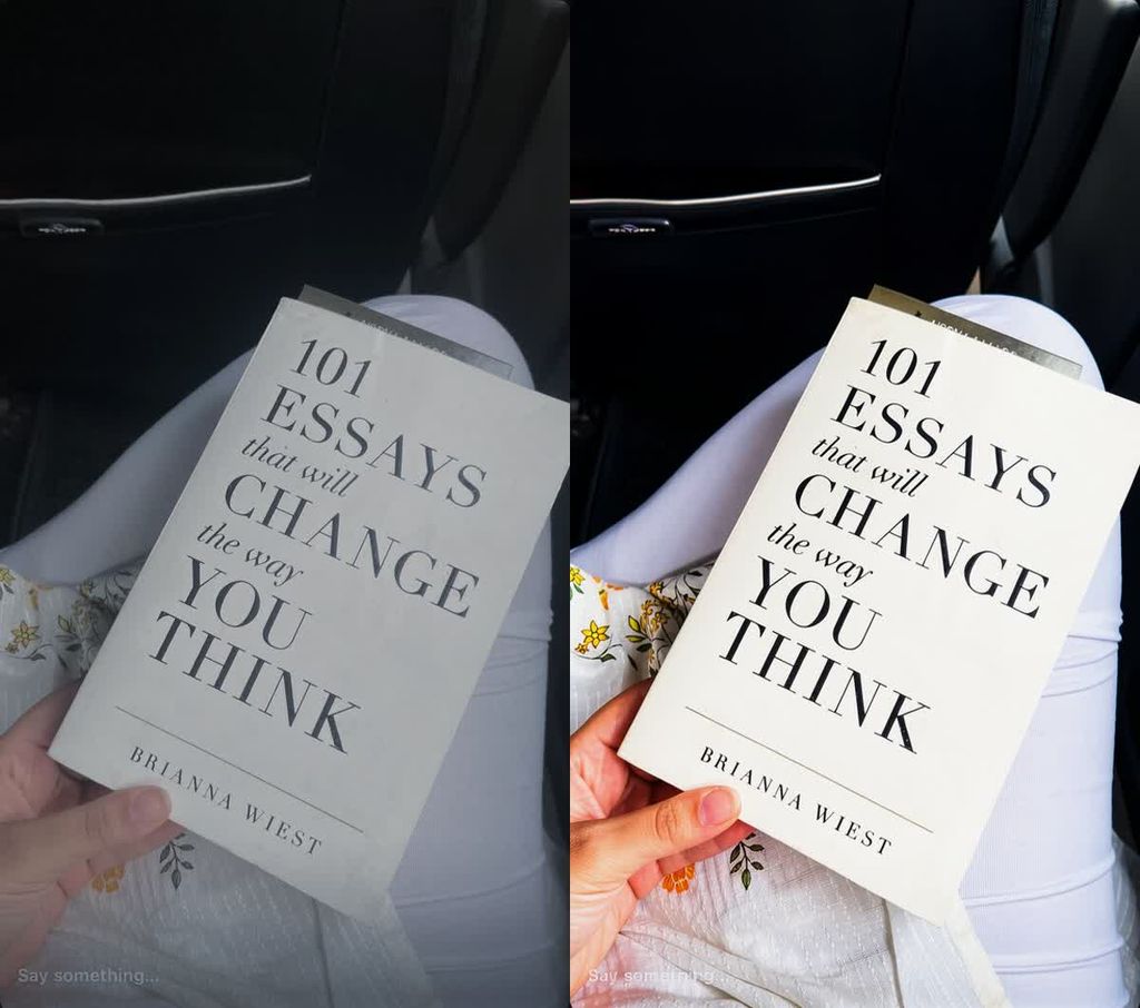 Before and after AI photo enhancement of a book photographed in a car, with the original on the left and enhanced image on the right