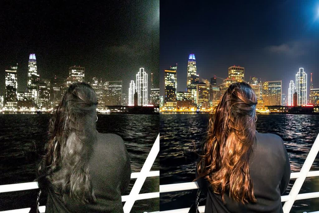 Before and after AI photo enhancement of a night portrait by a city skyline, with the original on the left and enhanced image on the right