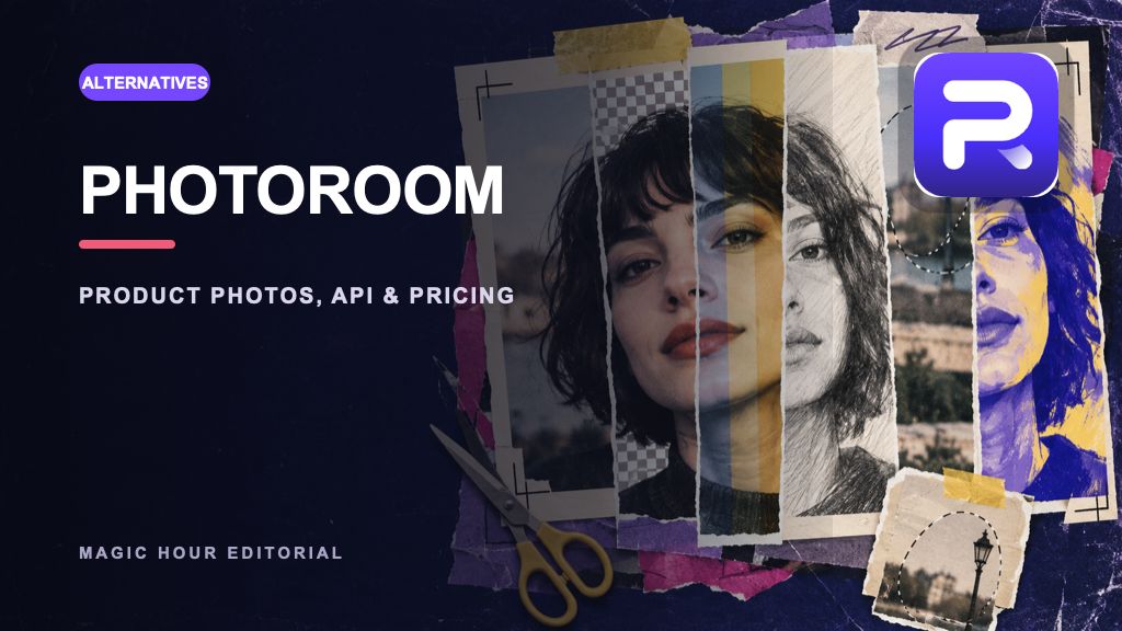 Photoroom logo on a distinct editorial collage for a current review and alternatives guide