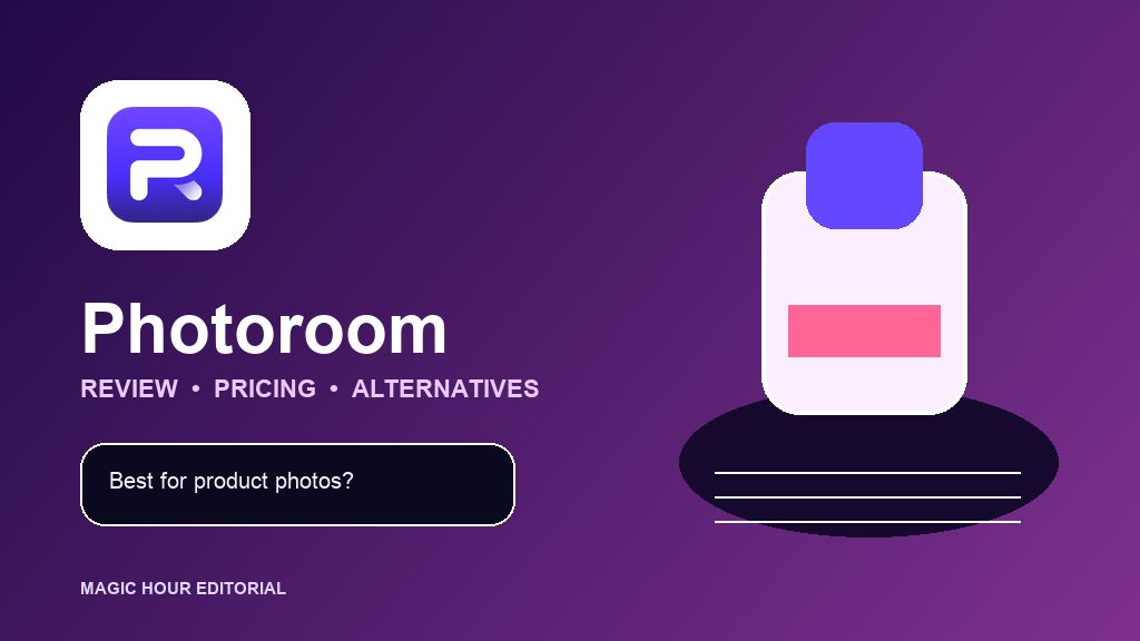 Photoroom logo beside an ecommerce product-photo set for a review of pricing, API, and alternatives