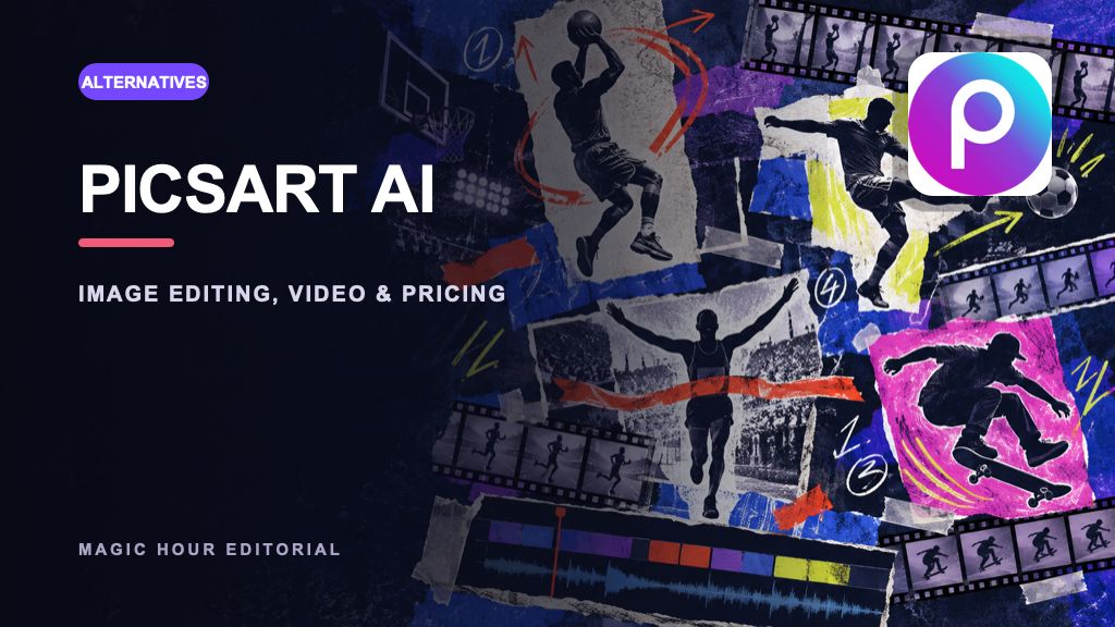 Picsart AI logo on a distinct editorial collage for a current review and alternatives guide