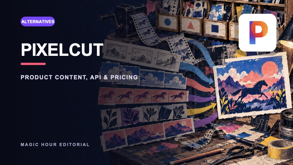 Pixelcut logo on a distinct editorial collage for a current review and alternatives guide