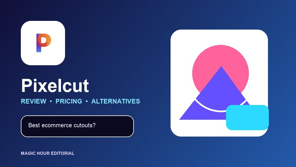 Pixelcut logo beside a cutout-style product composition for a review of pricing, API, and alternatives