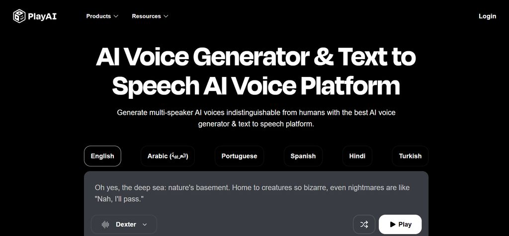 Play.ht displaying voice library, clone options, and text to speech editor.
