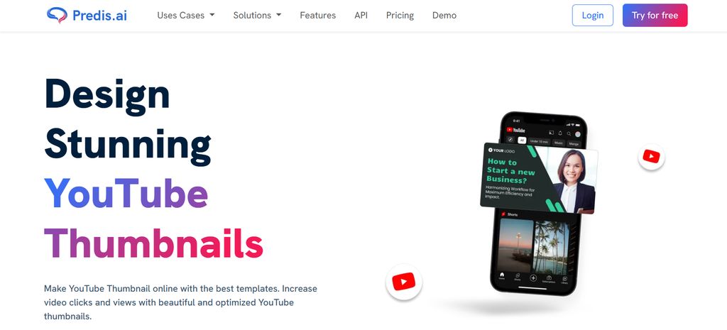 Predis.ai dashboard with automatic thumbnail generation from video URL, suggested layouts, and caption options for social-focused content creators