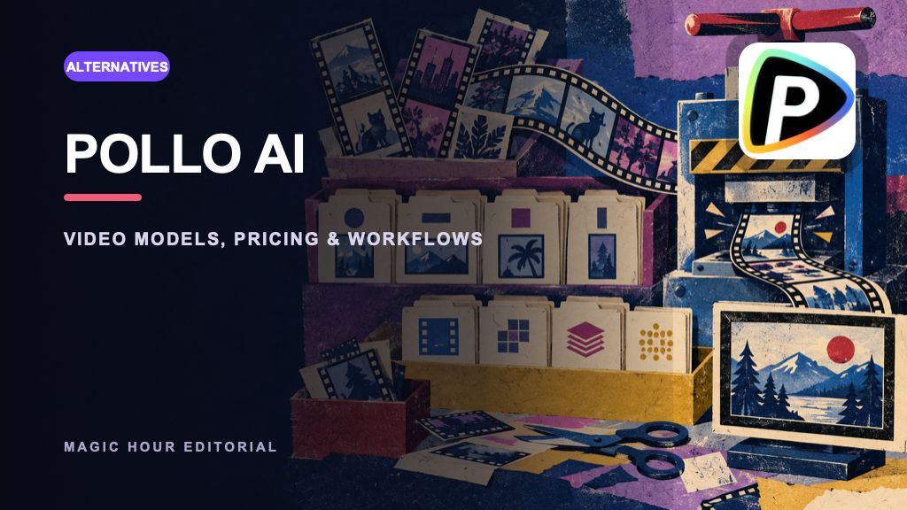 Pollo AI logo on a distinct editorial collage for a current review and alternatives guide