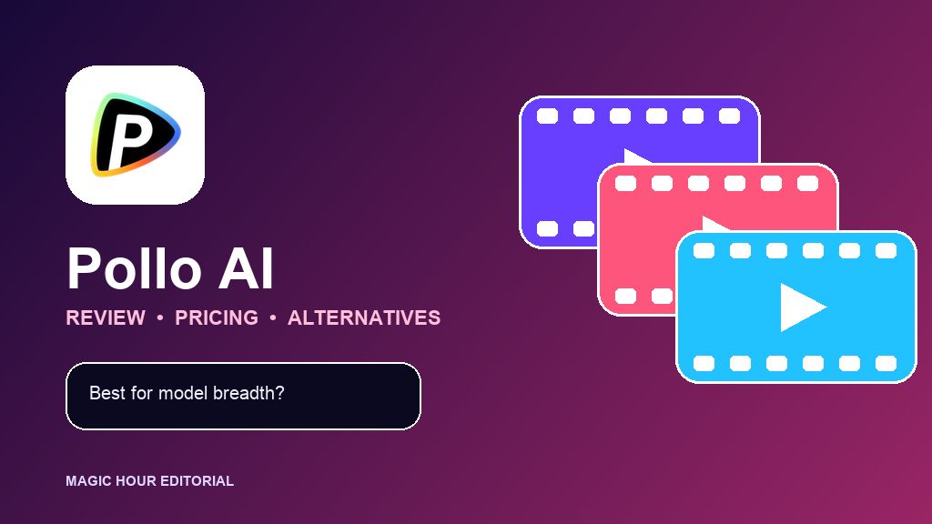Pollo AI logo beside layered video model cards for a review of pricing, models, and alternatives