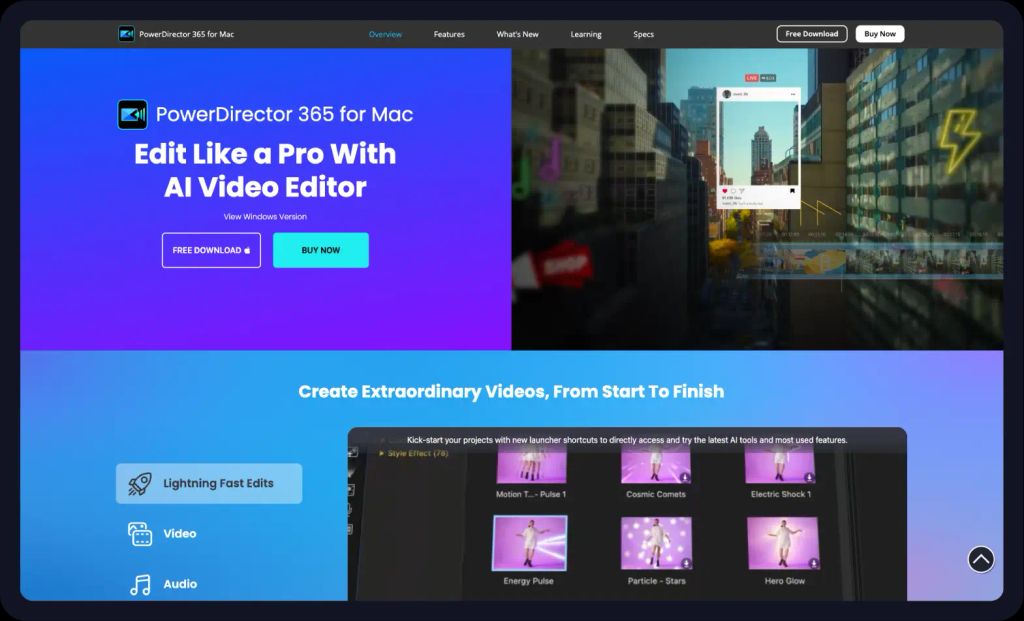 Screenshot of the PowerDirector homepage