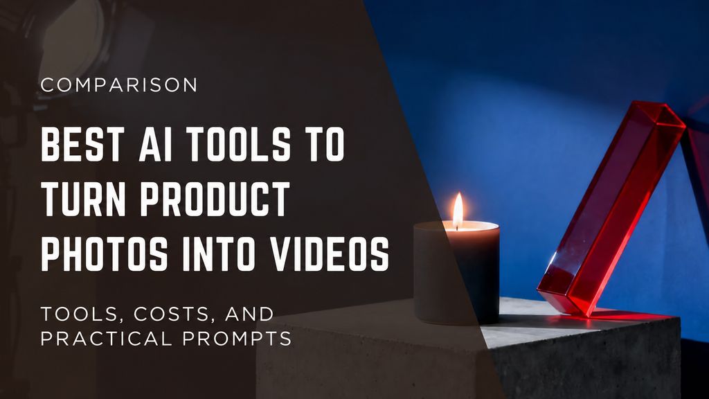 AI product-photo-to-video tools: a product bottle and animated video frame, with tools, costs and practical prompts subtitle.