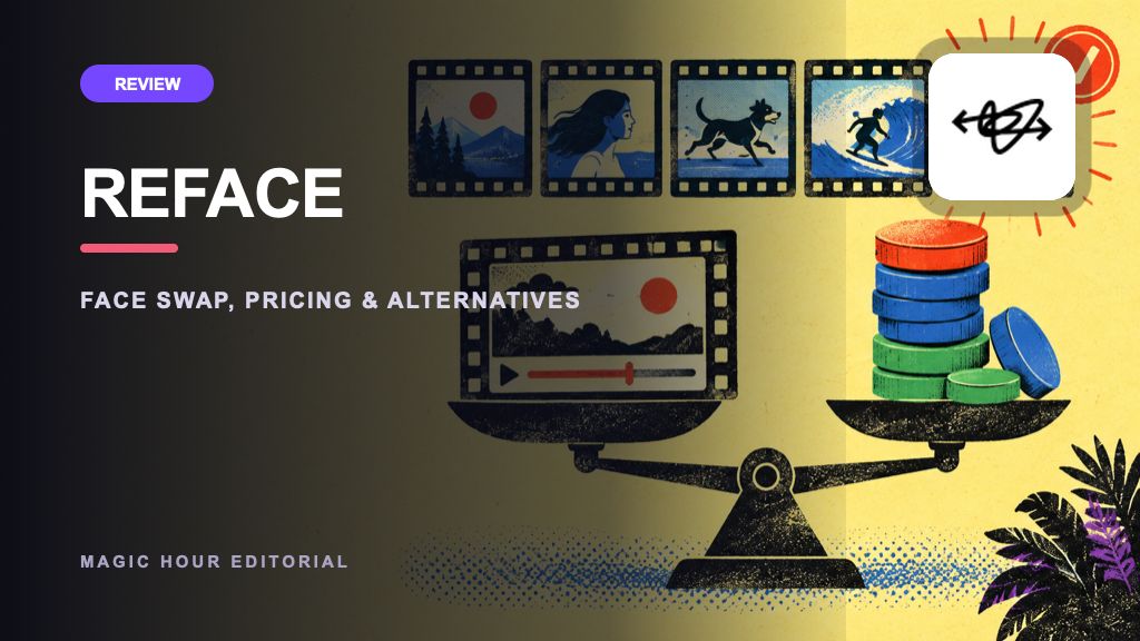 Reface logo on a distinct editorial collage for a current review and alternatives guide