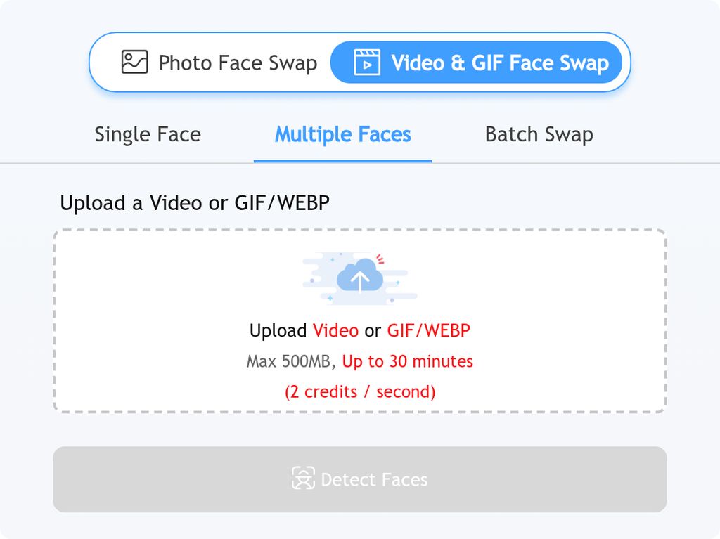 High-resolution capture of Remaker Video Multi Face Swap showing Multiple Faces, video or GIF upload, displayed limit and credit quote, and Detect Faces; October 12, 2026.