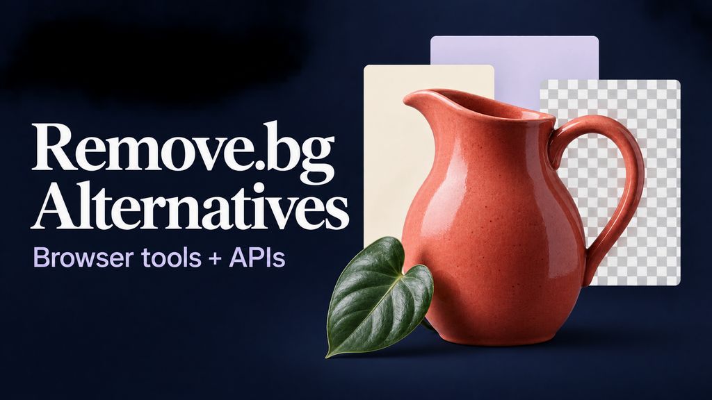 Remove.bg alternatives: coral pitcher and leaf against interchangeable background panels, with browser tools and APIs title.