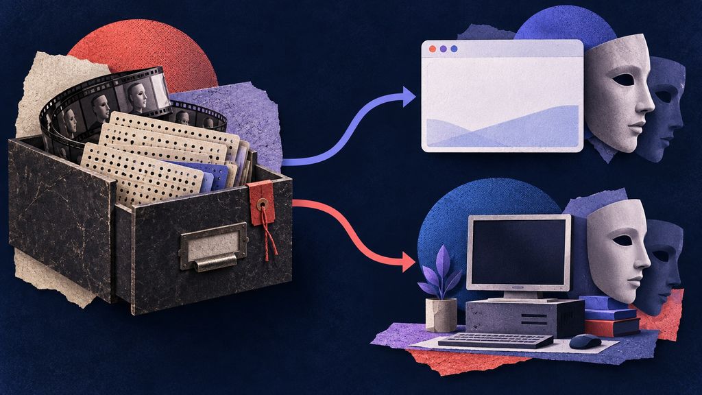 Editorial collage of an archived code drawer branching to browser and local face-swap workflows