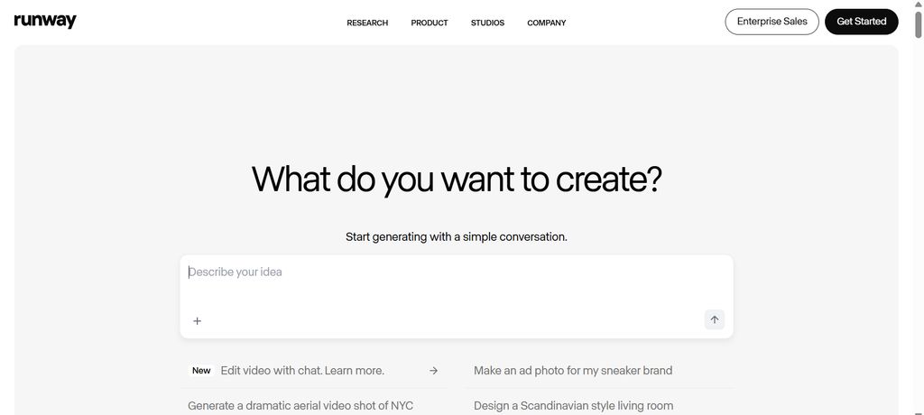 Runway AI – cinematic creative video generation tool.