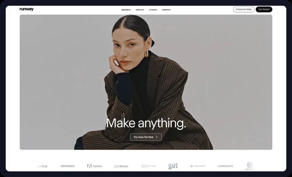 Screenshot of the Runway ML homepage.