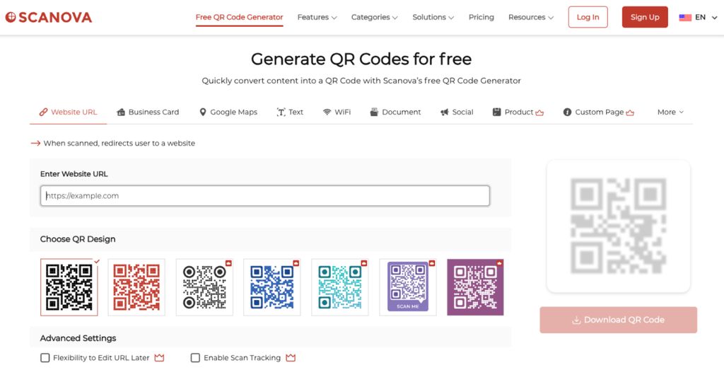 Screenshot of Scanova QR code feature