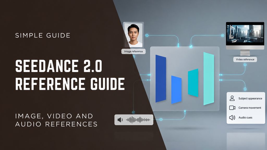 Seedance 2.0 reference guide illustrating image, video and audio inputs for subject appearance, camera movement and audio cues