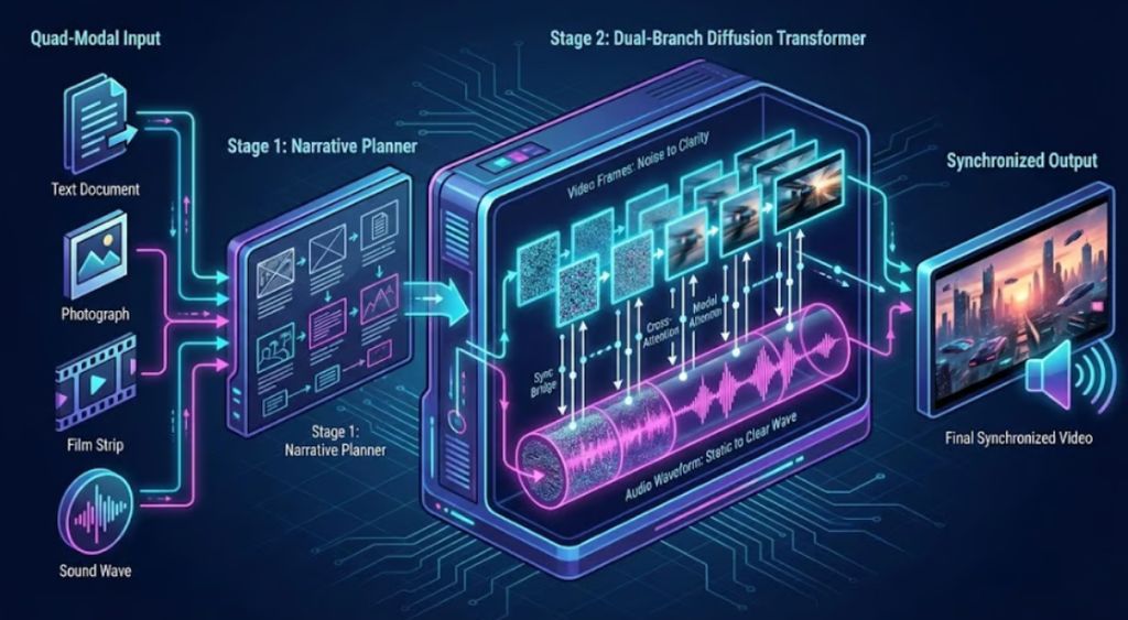 Seedance 2.0 architecture diagram illustrating quad-modal encoder and structured video generation pipeline