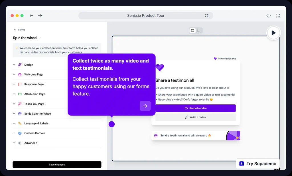 An interactive product demo video by Senja.