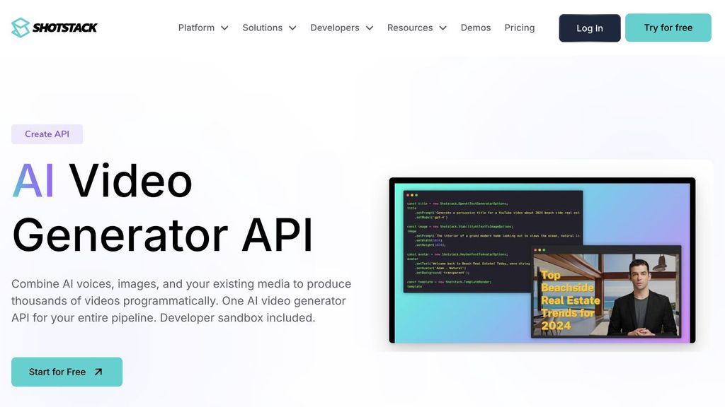 Shotstack's AI Video Generator API product page.