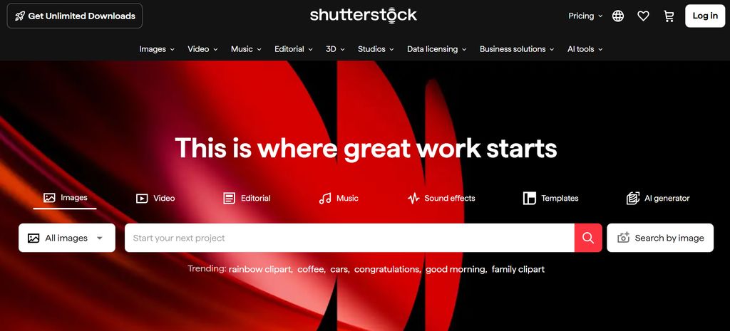 Shutterstock AI homepage displaying royalty-free stock images, AI image generation tools, and content templates