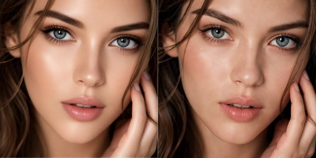 Before and after AI Skin Enhancer portrait showing restored facial skin texture