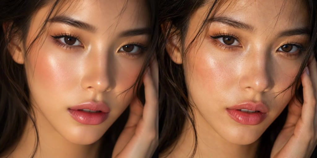 Before and after AI Skin Enhancer portrait under warm directional lighting
