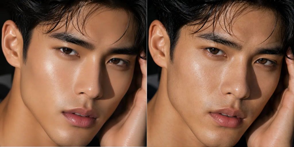 Before and after AI Skin Enhancer male portrait showing more natural skin variation