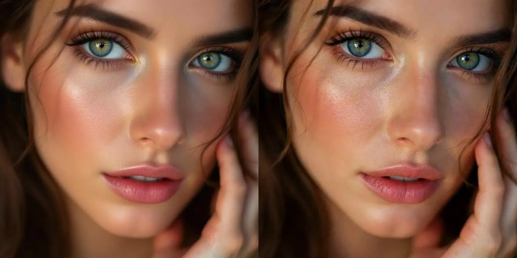 Before and after AI Skin Enhancer portrait with cooler makeup and skin highlights