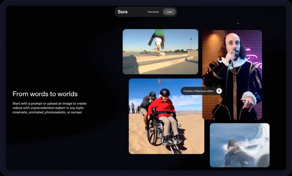 Screenshot of the Sora homepage.