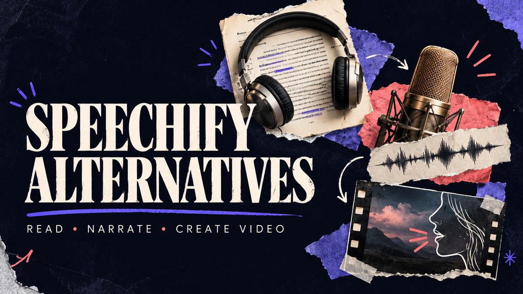 Speechify alternatives: editorial collage of headphones and a document, a microphone and waveform, and a speaking profile in a film frame.
