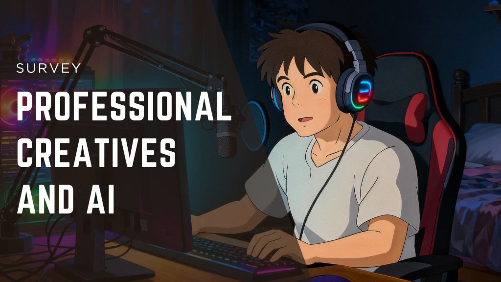 Ghibli-style AI animated person wearing large headphones at a desktop computer with a microphone in a dim, RGB-lit room.