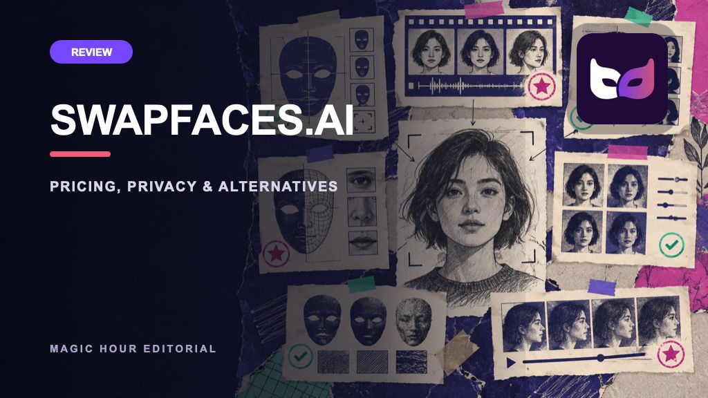 SwapFaces.ai logo on a distinct editorial collage for a current review and alternatives guide