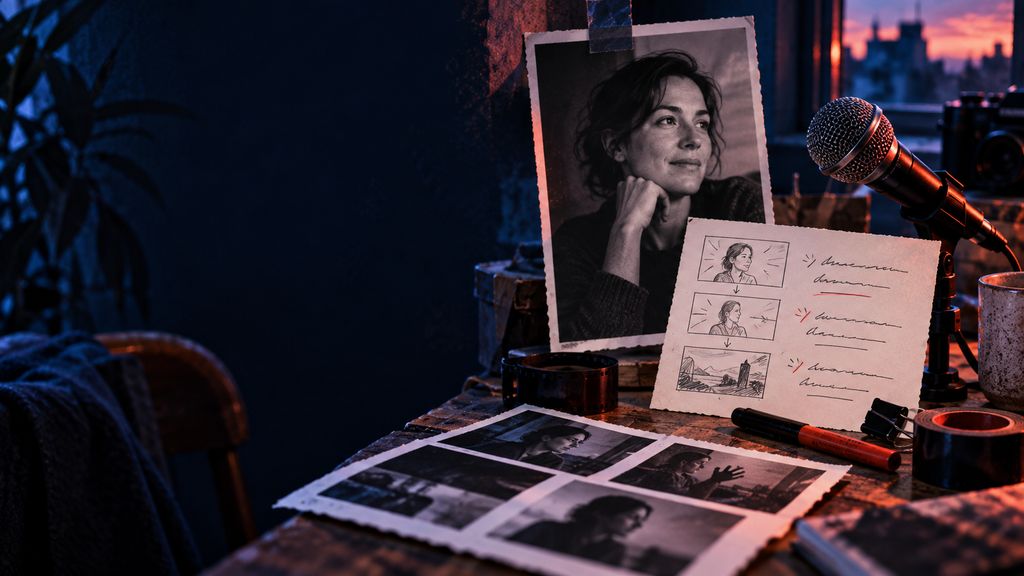 A portrait photograph beside a handwritten cue card and microphone, physical storyboard frames for a concise talking-photo message