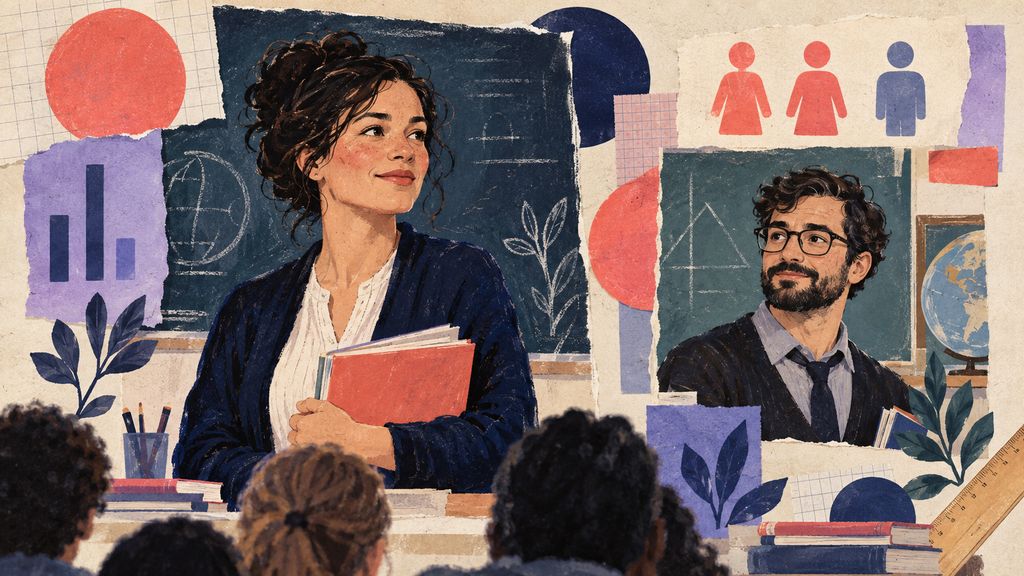 Editorial collage of women and men depicted as teachers in AI video prompts
