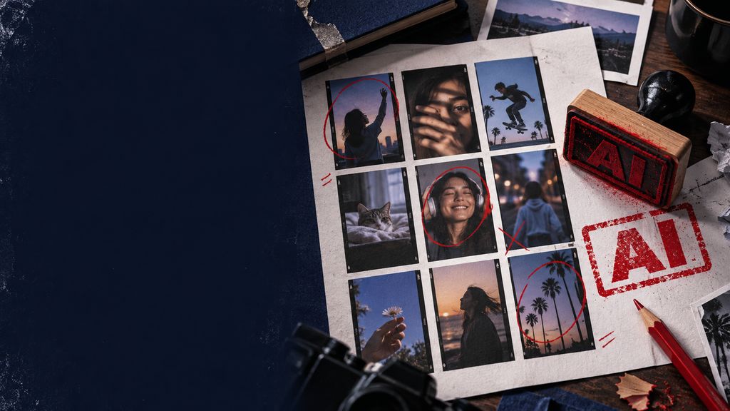 A vertical short-video contact sheet on paper beside a bold handmade transparency stamp, social creator desk, no platform logo
