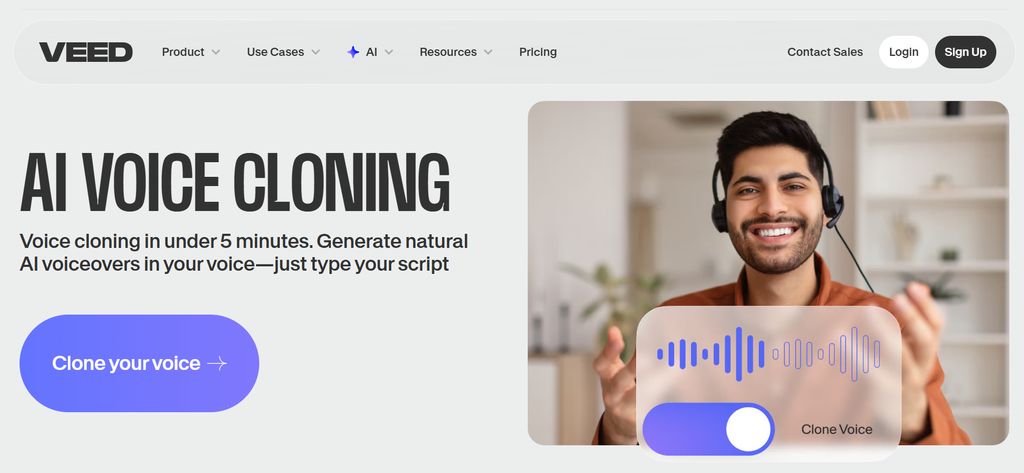 VEED voice cloning tool interface inside the video editor with voice options and timeline.
