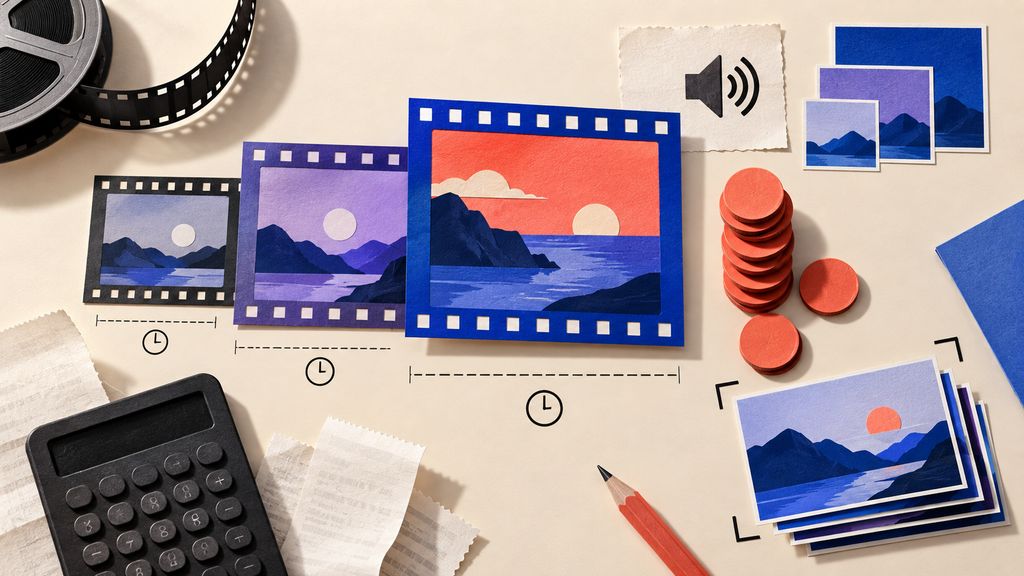 Editorial illustration of Veo 3.1 video pricing inputs, duration, resolution and accepted-output cost