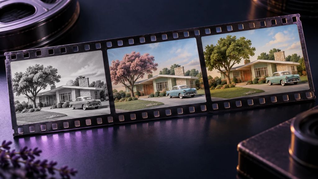 Editorial illustration of a filmstrip moving from monochrome to color; not a restoration benchmark