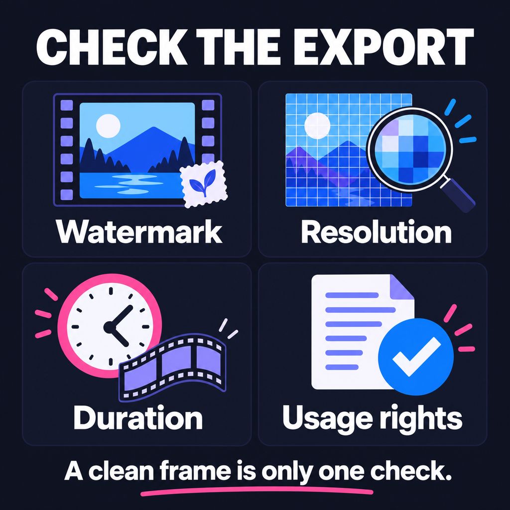 Video export checklist: watermark, resolution, duration and usage rights are separate checks