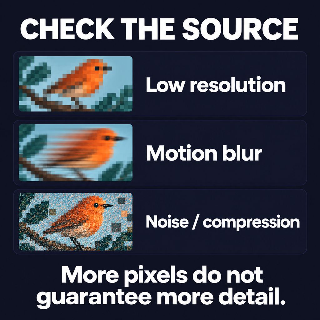 Illustrated source problems: low resolution, motion blur, and noise or compression; more pixels do not guarantee more detail