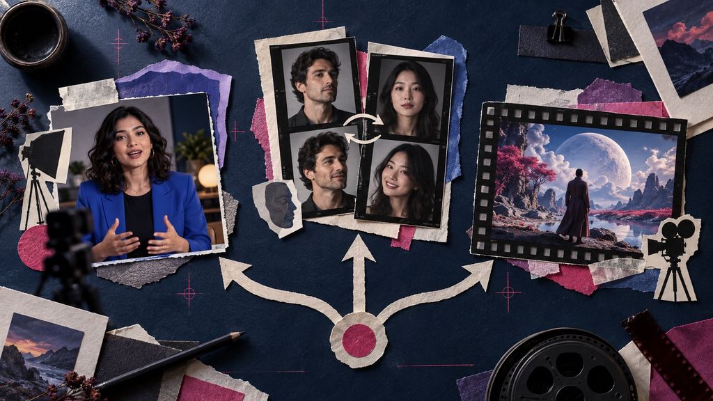 Editorial collage mapping three AI video choices: avatar presentation, face swap, and cinematic generation