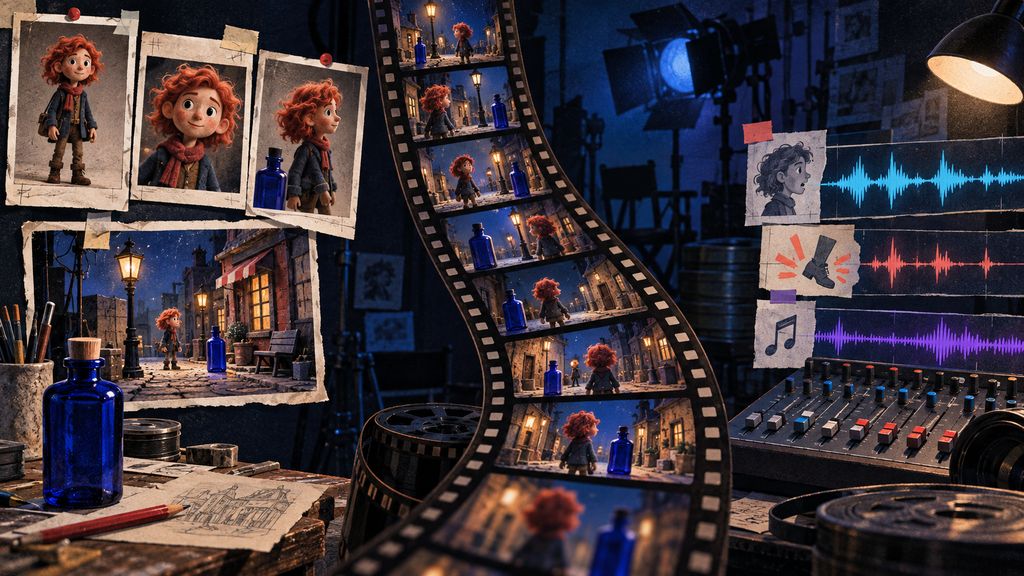 Editorial film studio showing one character and product preserved across reference-guided video frames