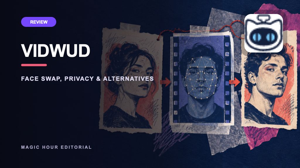 VidWud logo on a distinct editorial collage for a current review and alternatives guide