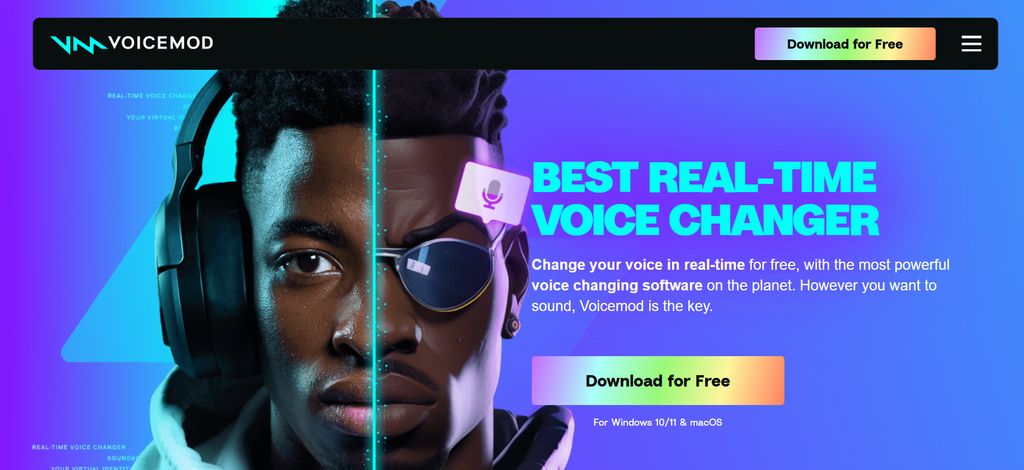 Voicemod desktop app interface displaying real-time voice filter presets for streamers and gamers