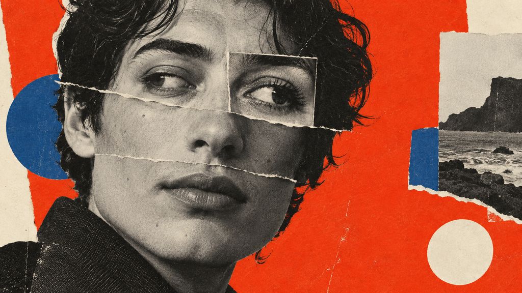 Editorial collage of a fictional portrait assembled from torn photographic fragments