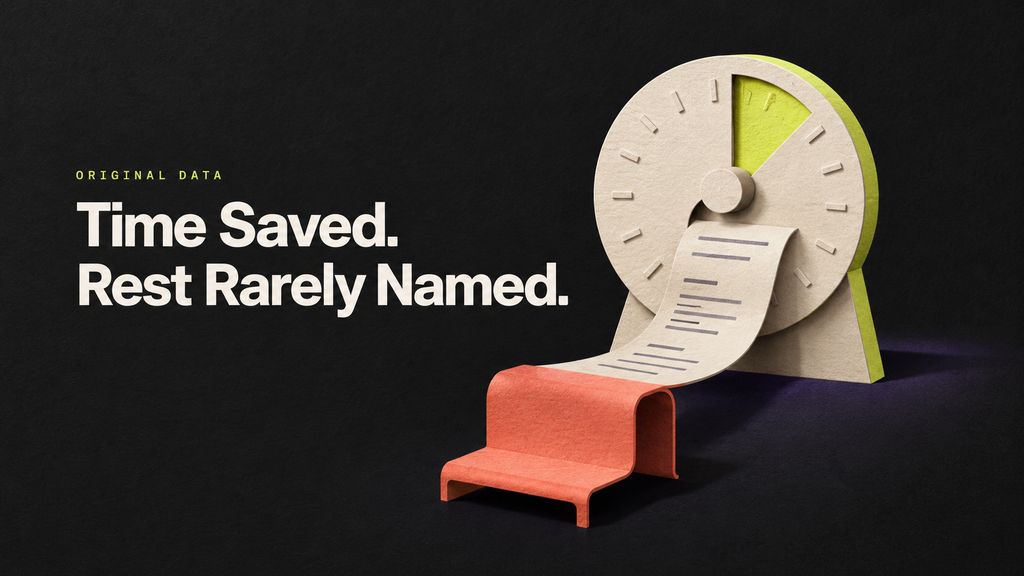 Conceptual paper timer and receipt-shaped bench beside the words Time Saved. Rest Rarely Named.