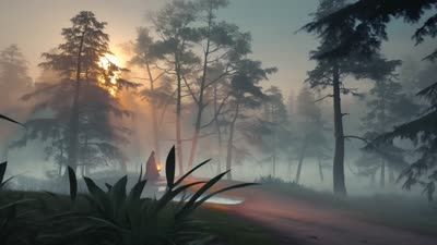 Foggy forest video workflow output with a lantern and slow tracking camera