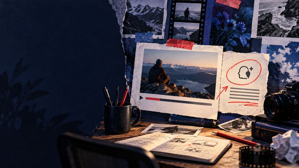 An illustrated video creator editing desk with a platform upload preview represented as a generic printed frame, disclosure note beside it, no platform logo