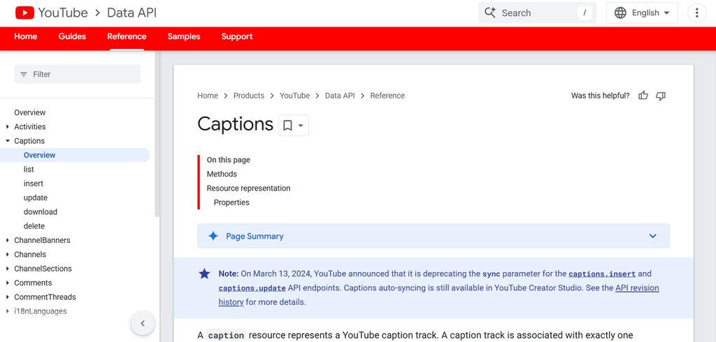 YouTube Captions API retrieving subtitles from a YouTube video